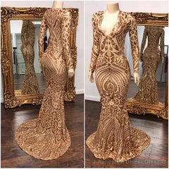 Long Sleevess V-neck Beading Patterns Long Mermaid Prom Gowns