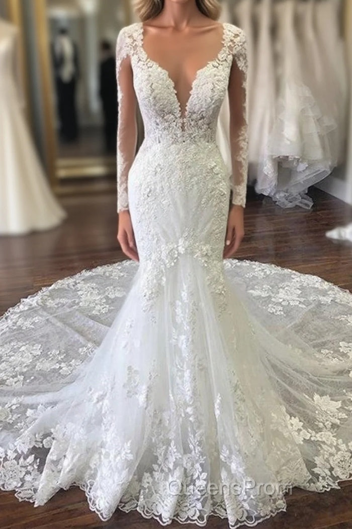 Long Sleevess V neck Mermaid White Long Train Wedding Dress Main image