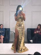 Long Spaghetti Straps Mermaid Slit Classy Prom Dress, Long Classy Prom Dress
