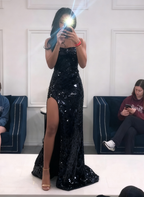 Long Spaghetti Straps Mermaid Slit Classy Prom Dress, Long Classy Prom Dress