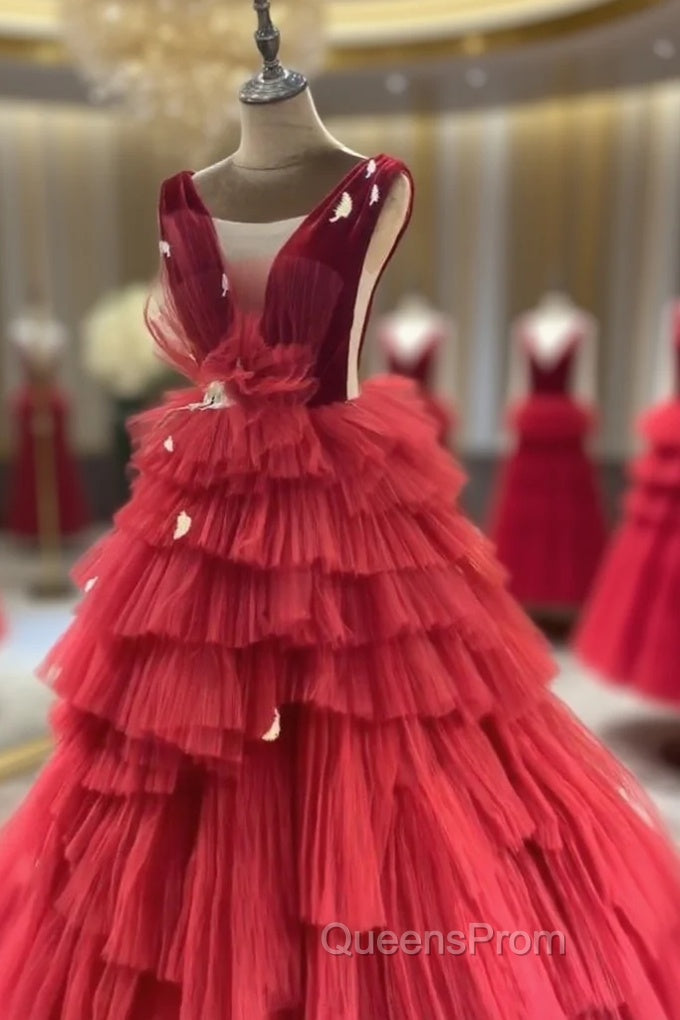 Long Tulle Red Evening Prom Dress