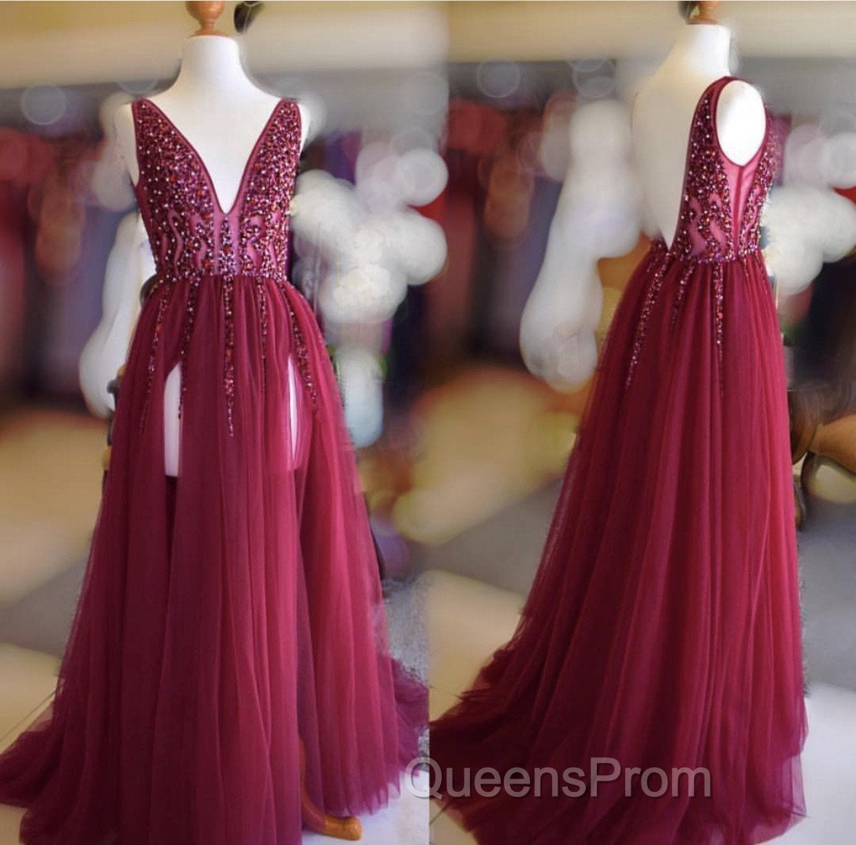 Long Tulle V-neck Evening Prom Dress Sequin Beaded Evening Gowns Secondary image