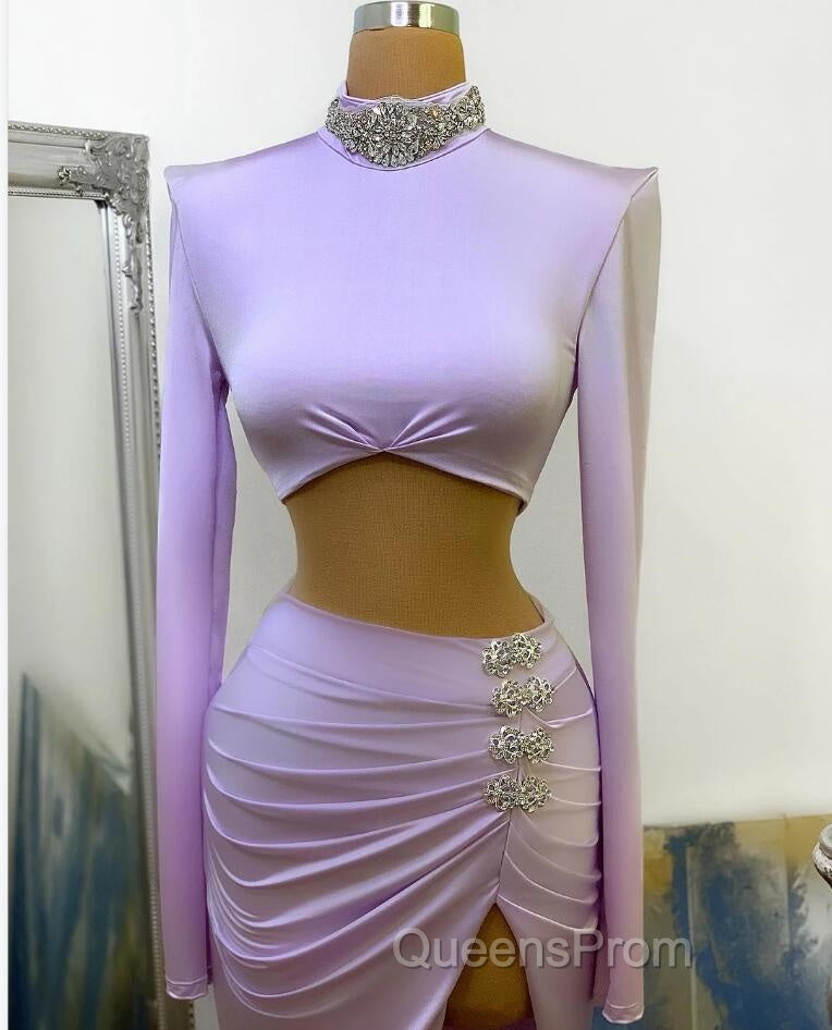 Long Two Piece Mermaid High Neck Split Evening Prom Dress with Sleeves Secondary image