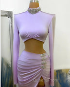 Long Two Piece Mermaid High Neck Split Evening Prom Dress with Sleeves