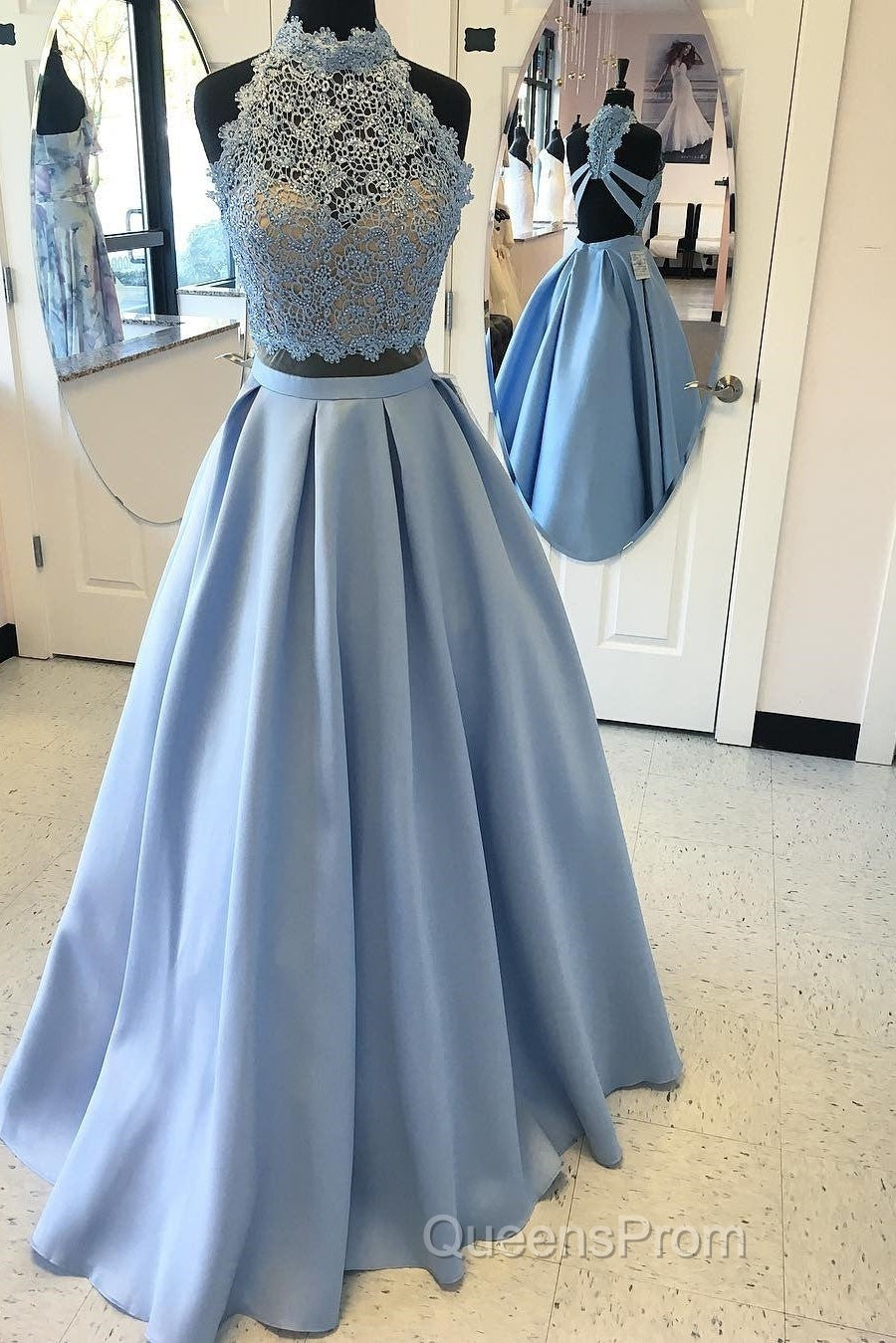 Long Two Piece Evening Prom Dress Lace High Neck Open Back
