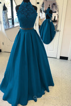 Long Two Piece Evening Prom Dress Lace High Neck Open Back