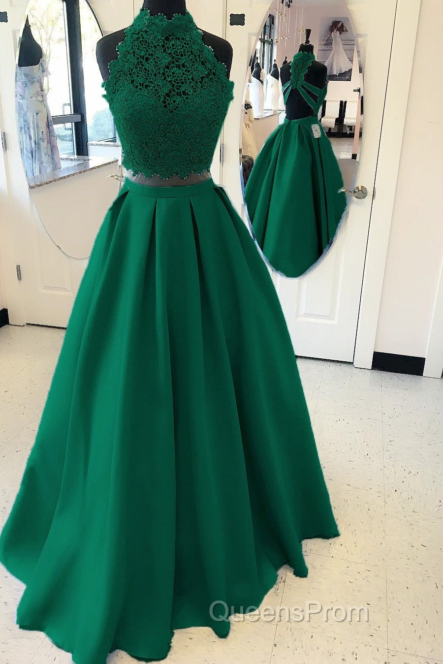 Long Two Piece Evening Prom Dress Lace High Neck Open Back