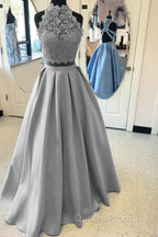 Long Two Piece Evening Prom Dress Lace High Neck Open Back