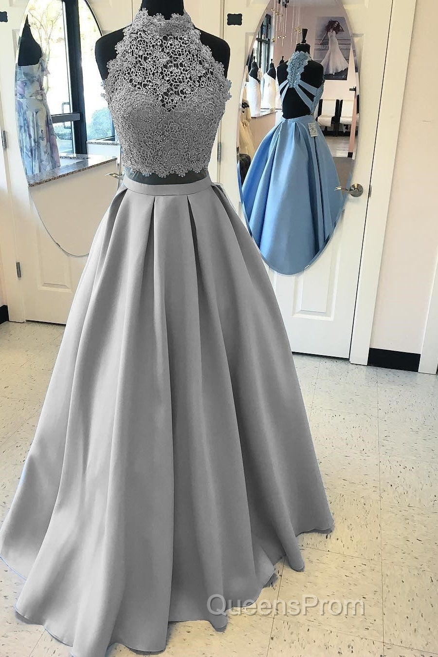 Long Two Piece Evening Prom Dress Lace High Neck Open Back