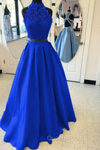 Long Two Piece Evening Prom Dress Lace High Neck Open Back