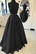 Long Two Piece Evening Prom Dress Lace High Neck Open Back
