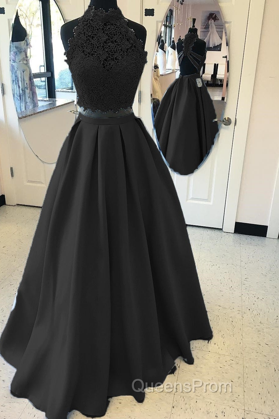 Long Two Piece Evening Prom Dress Lace High Neck Open Back