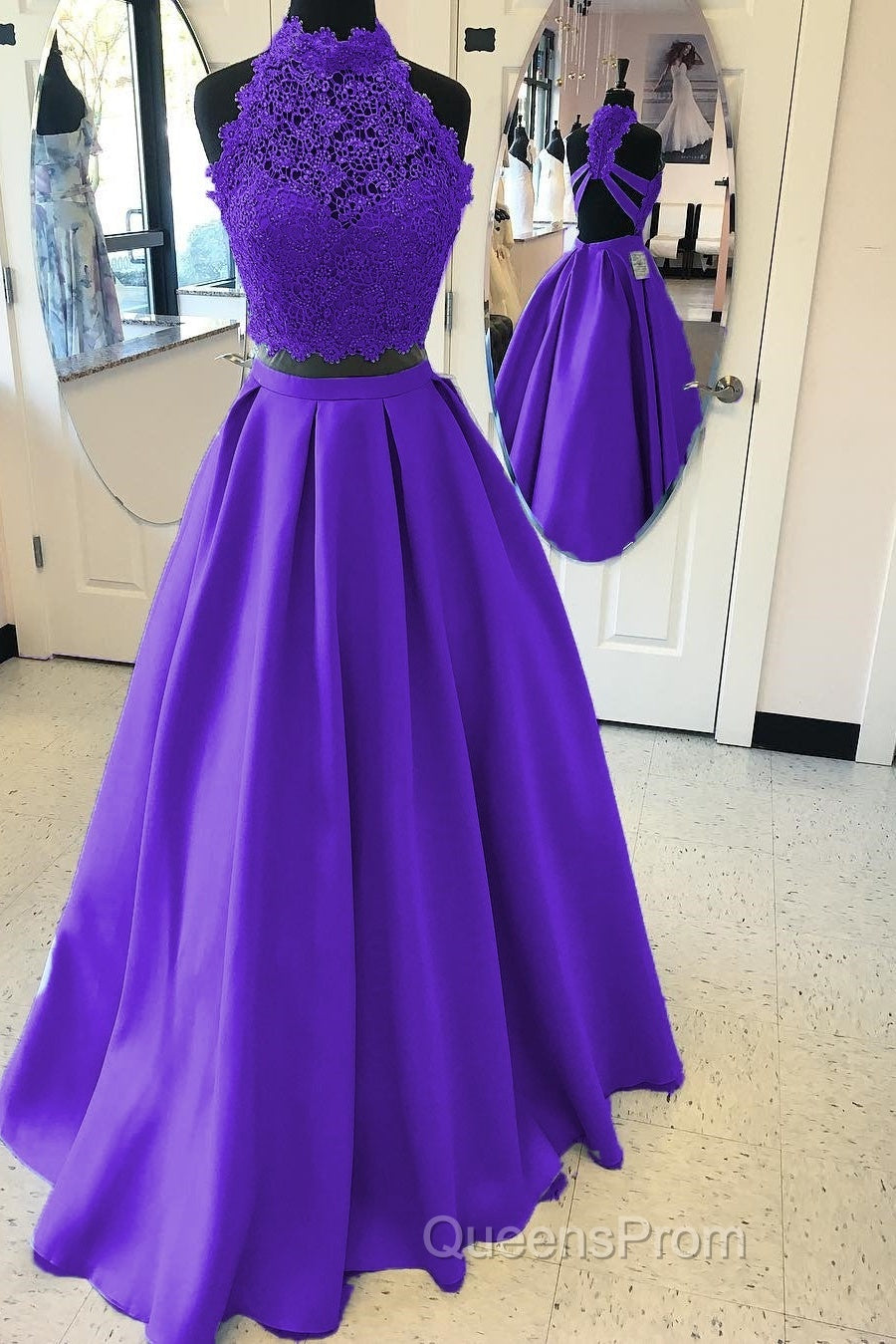 Long Two Piece Evening Prom Dress Lace High Neck Open Back
