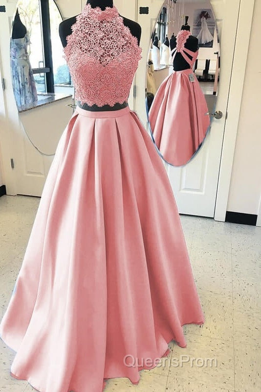 Long Two Piece Evening Prom Dress Lace High Neck Open Back
