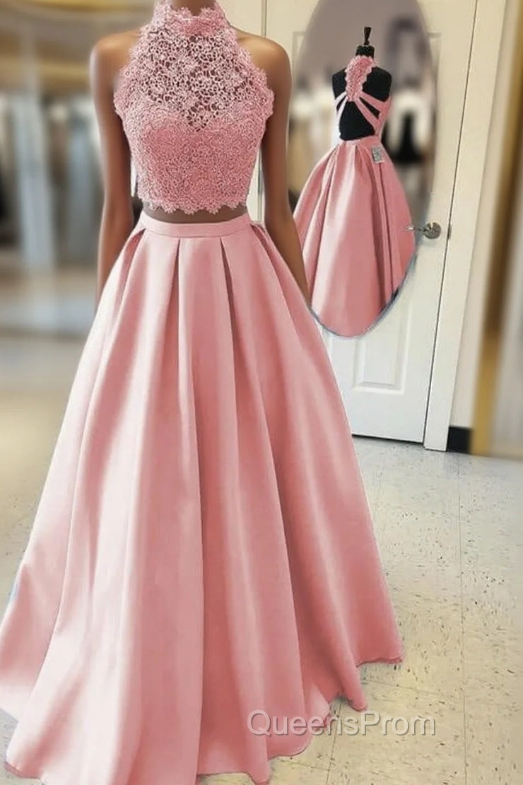 Long Two Piece Evening Prom Dress Lace High Neck Open Back
