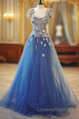 Long Unique Lace Applique Tulle Blue Evening Prom Dress