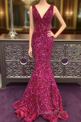 Long V Neck Fuchsia Evening Prom Dress Sequin Mermaid Formal Graduation Dress