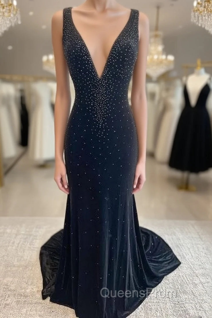 Long Velvet Black Evening Prom Dress Straps Crystals V Neck Formal Dress Gowns Main image