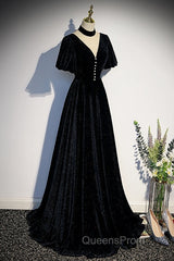 Long Velvet V-Neckline Floor Length Evening Prom Dress, Black Evening Wedding Party Dress