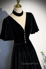 Long Velvet V-Neckline Floor Length Evening Prom Dress, Black Evening Wedding Party Dress