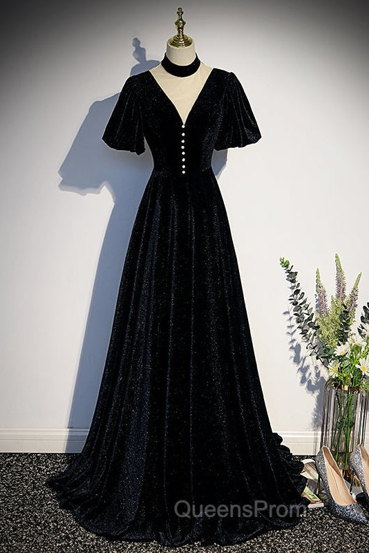 Long Velvet V-Neckline Floor Length Evening Prom Dress, Black Evening Wedding Party Dress