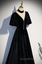 Long Velvet V-Neckline Floor Length Evening Prom Dress, Black Evening Wedding Party Dress