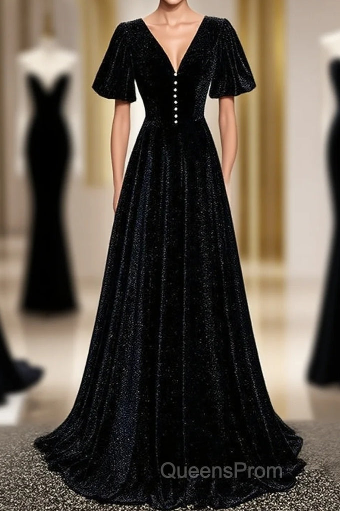 Long Velvet V-Neckline Floor Length Evening Prom Dress, Black Evening Wedding Party Dress Main image
