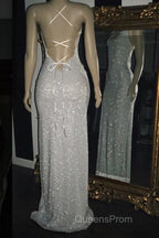 Long White Sequin Evening Prom Dress Cross Back Halter Evening Gown