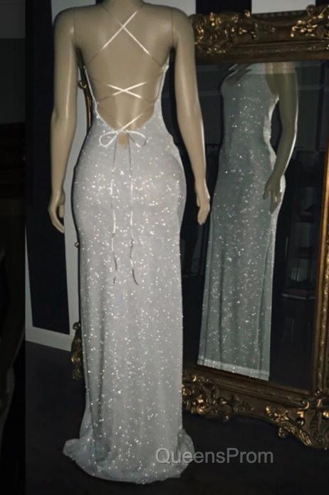 Long White Sequin Evening Prom Dress Cross Back Halter Evening Gown