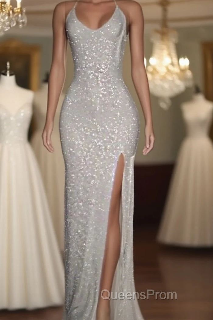 Long White Sequin Evening Prom Dress Cross Back Halter Evening Gown Main image