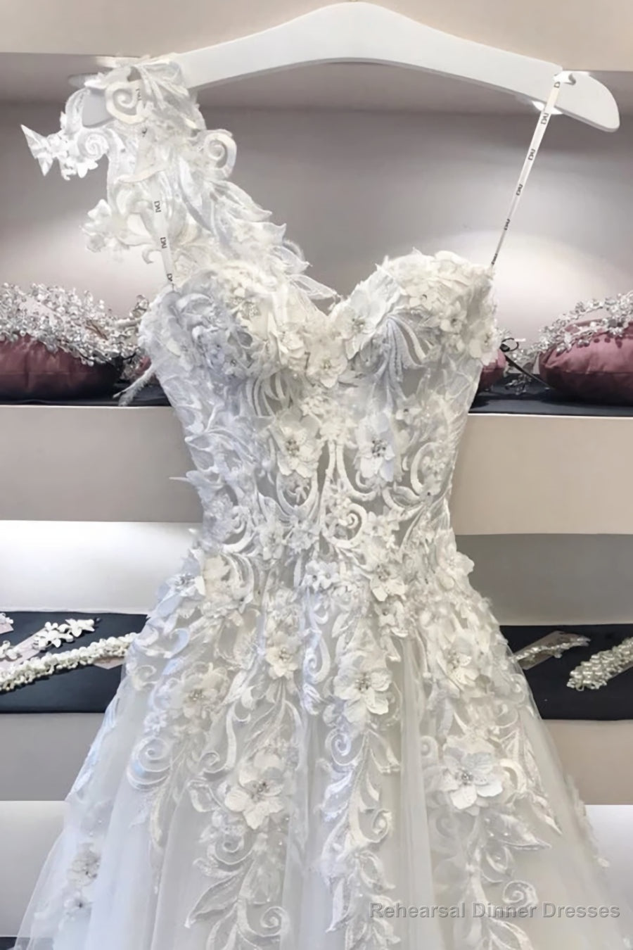 Long White Sweetheart Neck Lace Applique Prom Dress, Evening Dresses Main image