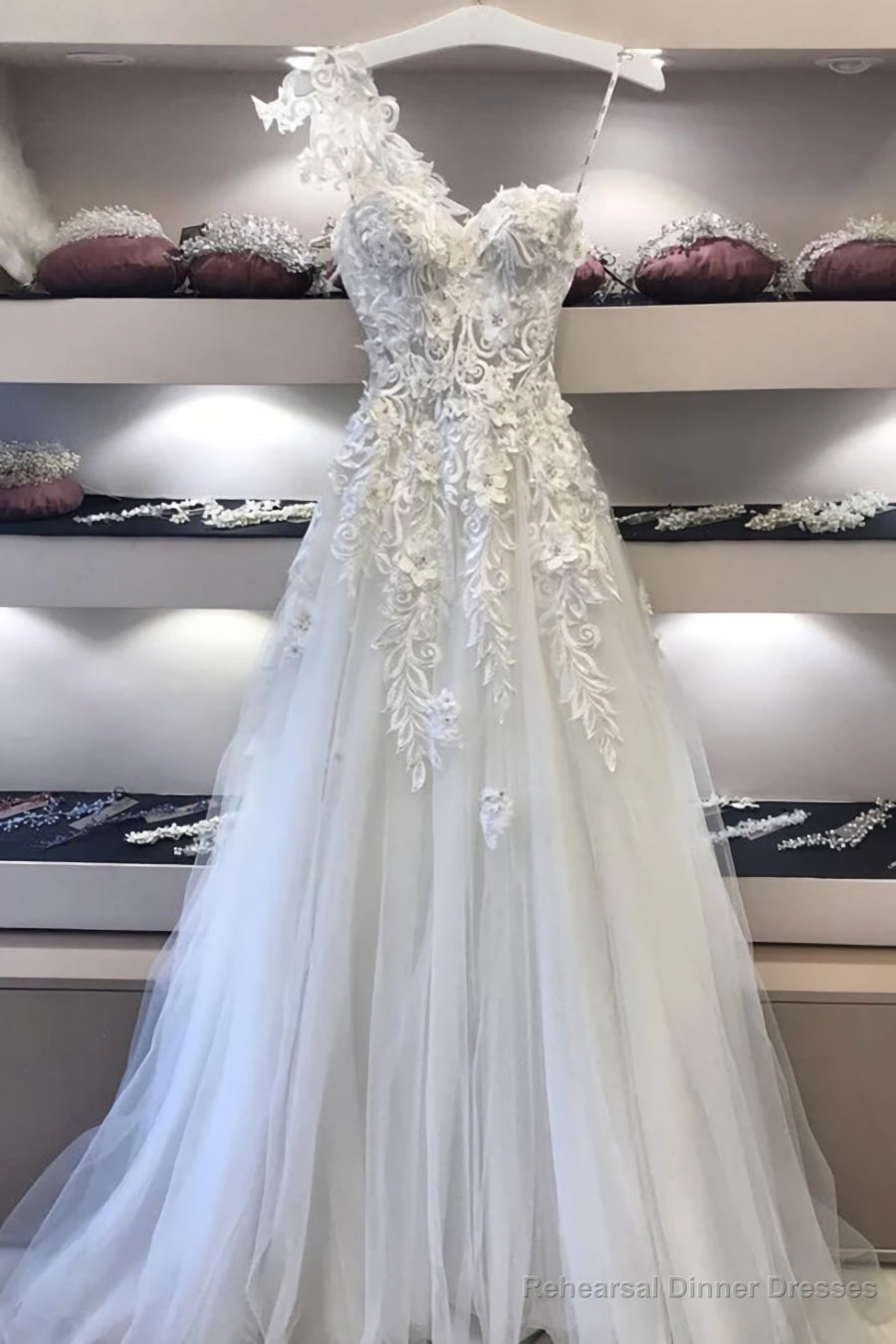 Long White Sweetheart Neck Lace Applique Prom Dress, Evening Dresses Secondary image