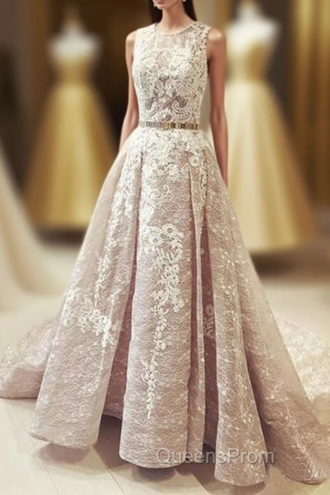 Gorgeous Round Neck Sleeveless Lace Evening Prom Dress Sweep Train with Appliques Main image