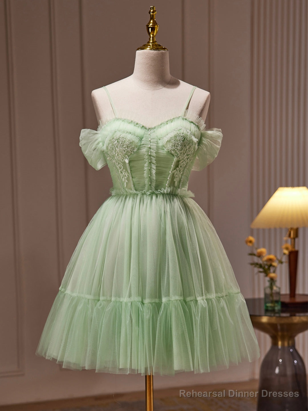 Green Tulle Lace Short Prom Dress, Cute Homecoming Dress, Green Party Dress Main image