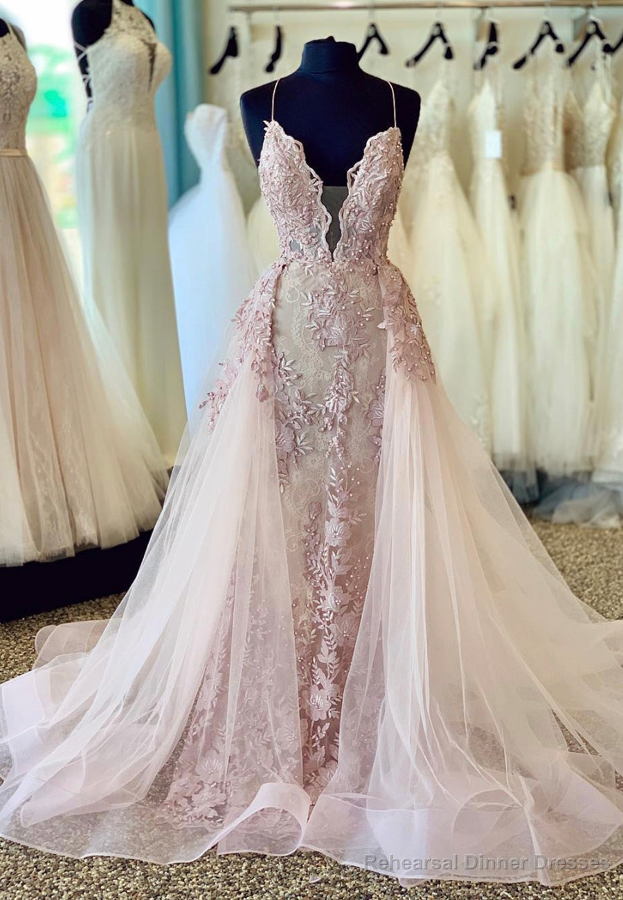 Plunging V-Neck Lace Long Prom Dresses, Pink Evening Dresses Main image