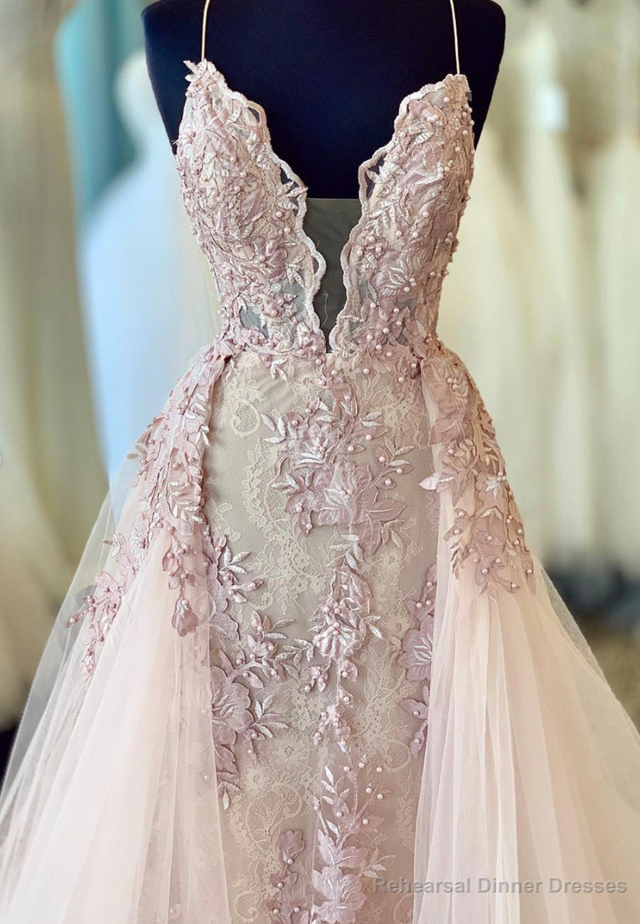 Plunging V-Neck Lace Long Prom Dresses, Pink Evening Dresses Secondary image