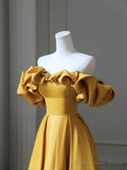 Yellow Satin Long Prom Dress, Off Shoulder A-Line Evening Dress