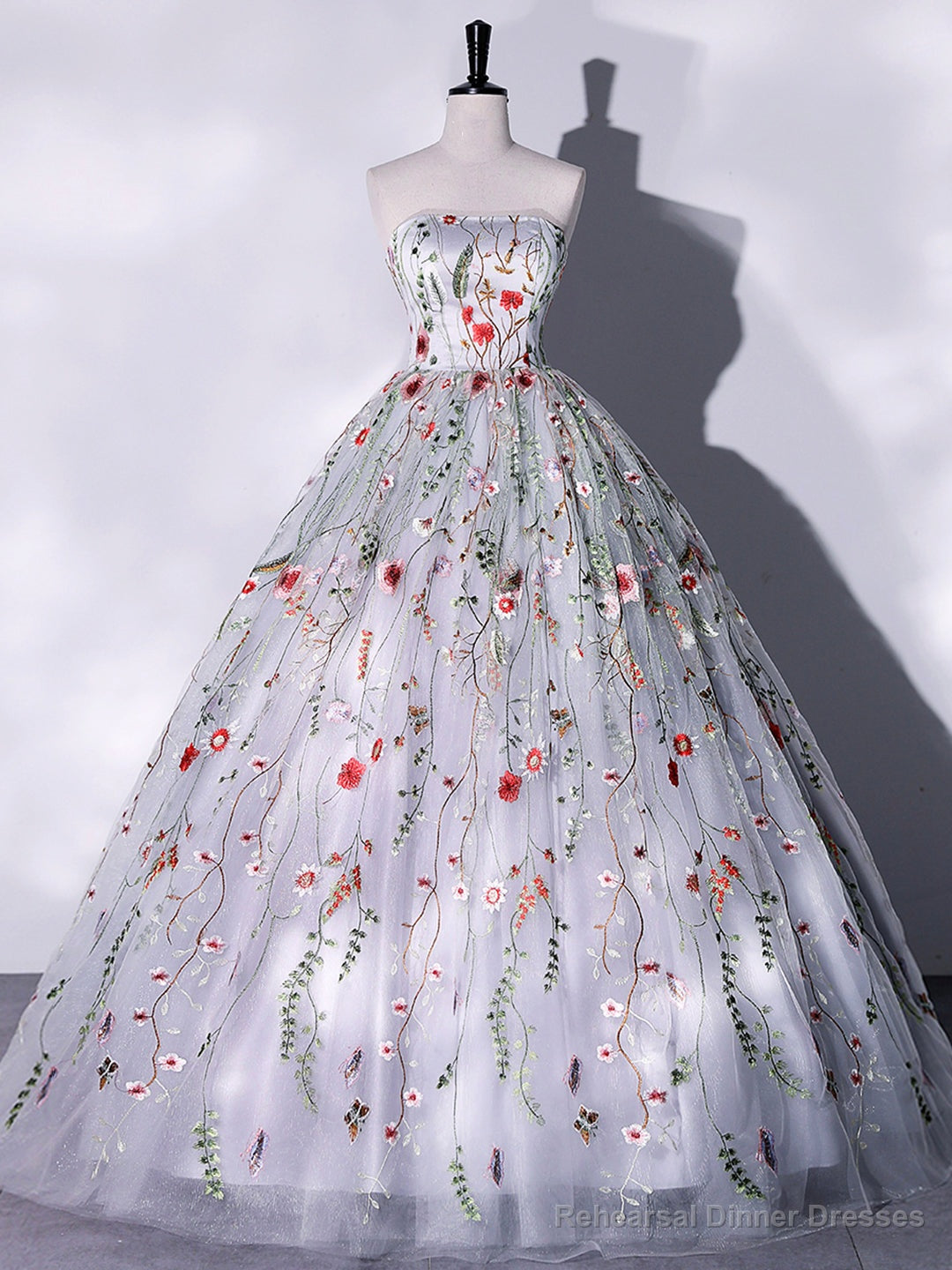 Lovely Strapless Floral Tulle Long Prom Dress, Gray  A-Line Evening Party Dress Main image