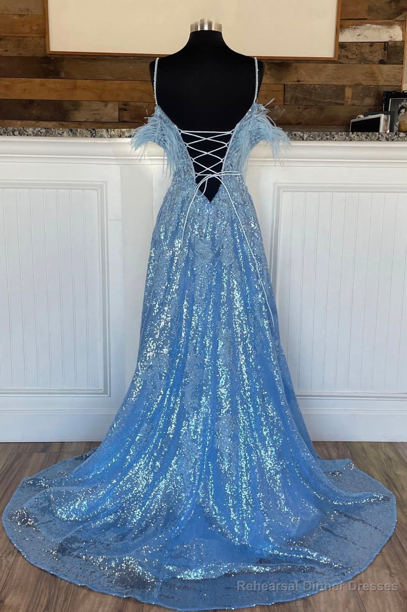 Blue Spaghetti Strap Sequined Lace Prom Dress, Blue Lace-Up Evening Dress Secondary image