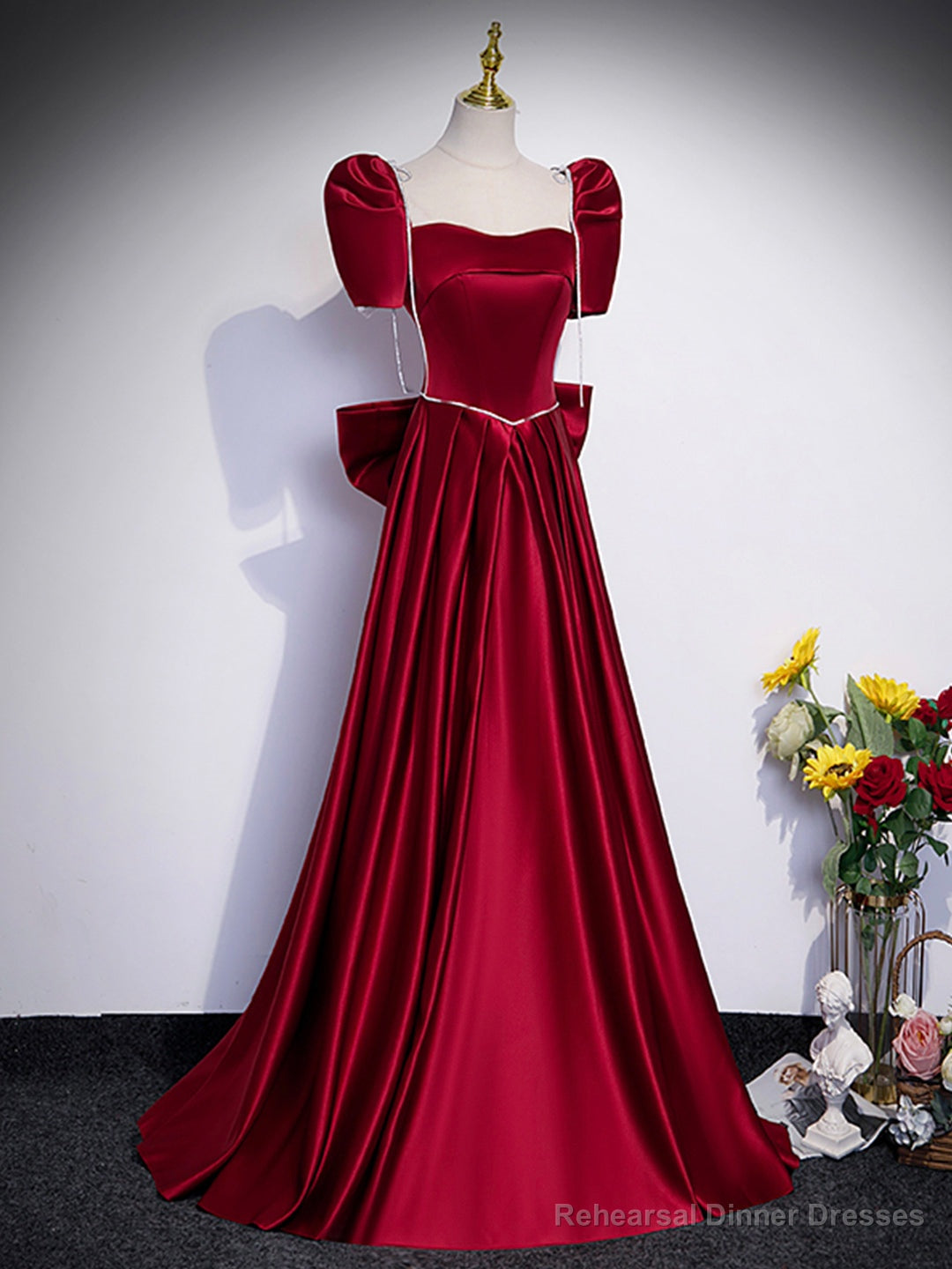 Beautiful Satin Floor Length Prom Dress with Bowknot, Burgundy Short Sleeve Evening Dress Secondary image