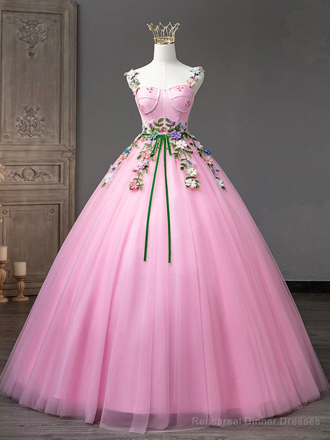 Pink Tulle Flower Long Prom Dresses, Lovely Spaghetti Formal Dresses Sweet 16 Dresses Secondary image