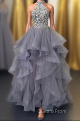 Grey Tulle Long Evening Prom Dress, A-Line Evening Dress