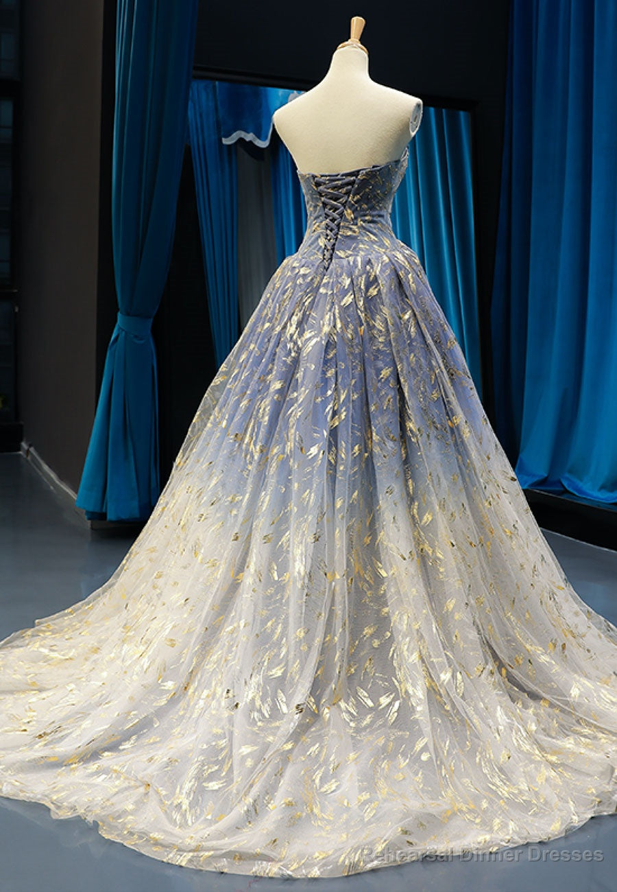 Blue Tulle Gradient Prom Dress, Blue A-Line Strapless Evening Dress Main image