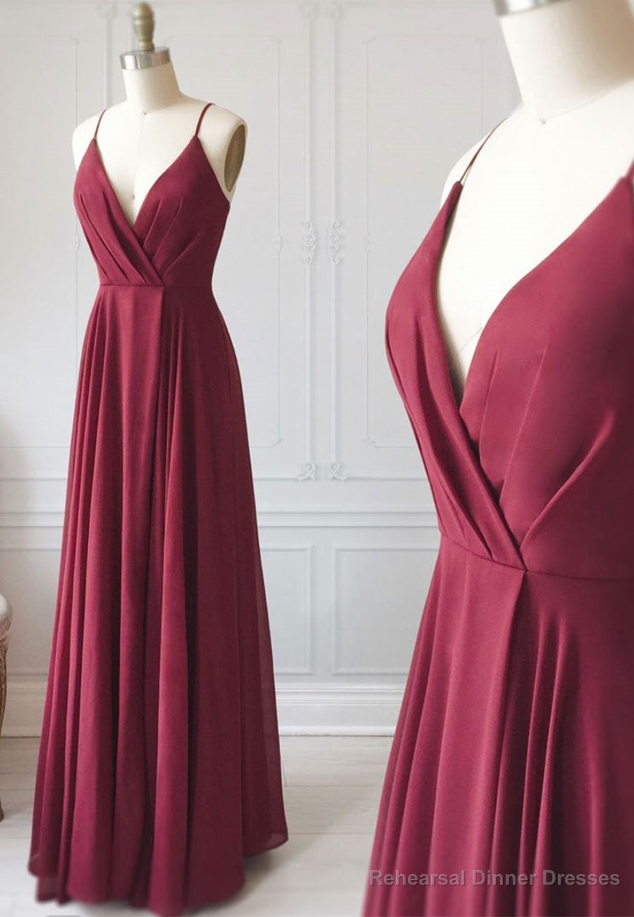 Burgundy Chiffon Long Prom Dress, Simple V-Neck Evening Dress Main image