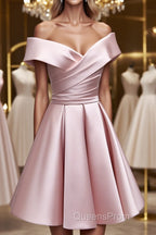 A-Line Satin Off the Shoulder Short Evening Prom Dress, Mini Evening Party Dress