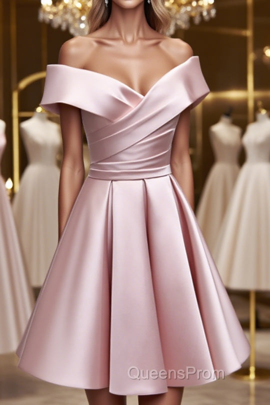 A-Line Satin Off the Shoulder Short Evening Prom Dress, Mini Evening Party Dress