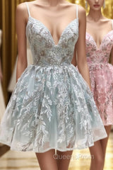 Cute V-Neck Lace Short Evening Prom Dress, A-Line Homecoming Dress