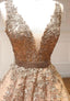 Plunging V-Neck Tulle Long Prom Dresses, Lace Formal Dresses