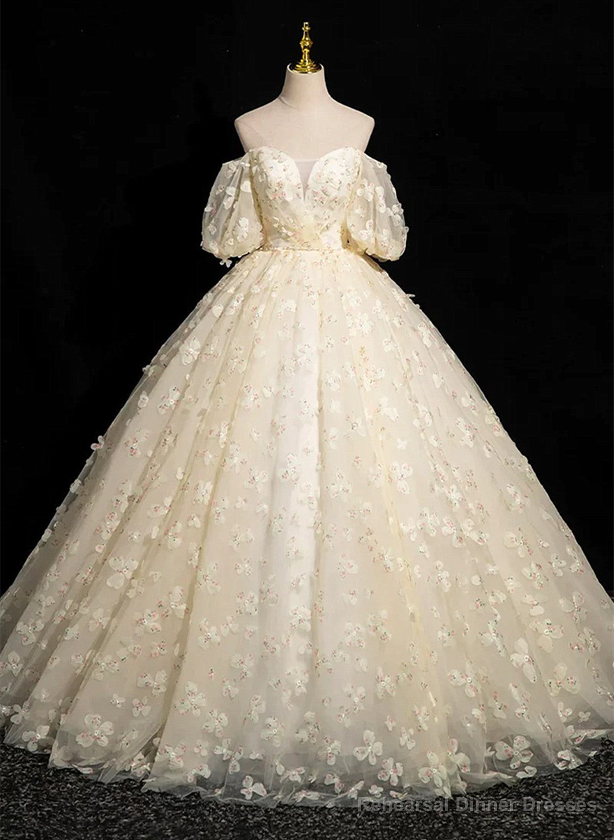 Lovely A-Line Lace Floor Length Prom Dress, Champagne Off Shoulder Evening Formal Dress Main image