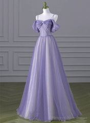 Lovely A-line Light Purple Tulle Beaded Long Party Dress, Light Purple Prom Dress